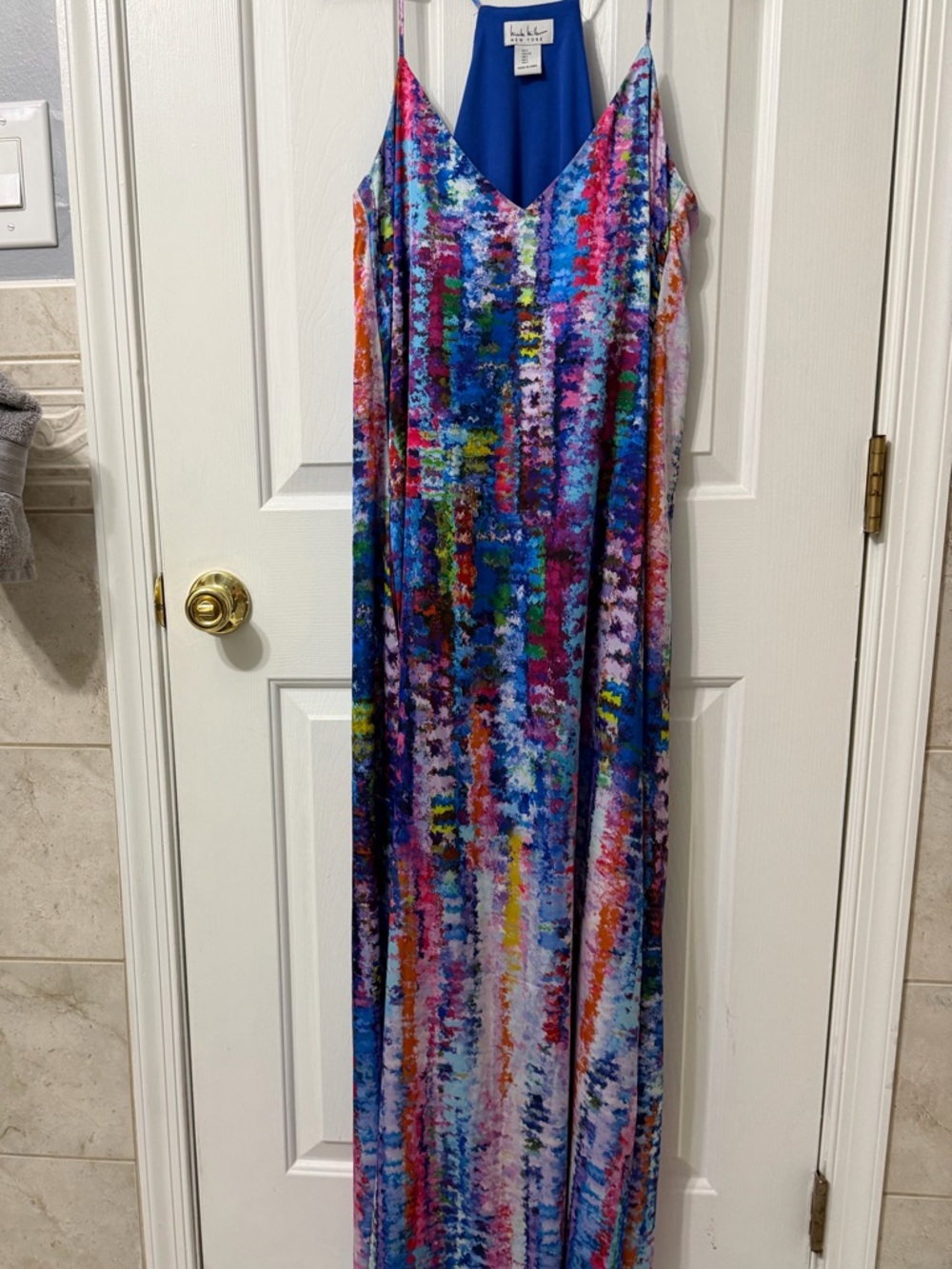 Nicole Miller Blue Multi-Color Print Maxi Dress with Spaghetti Straps & Pockets